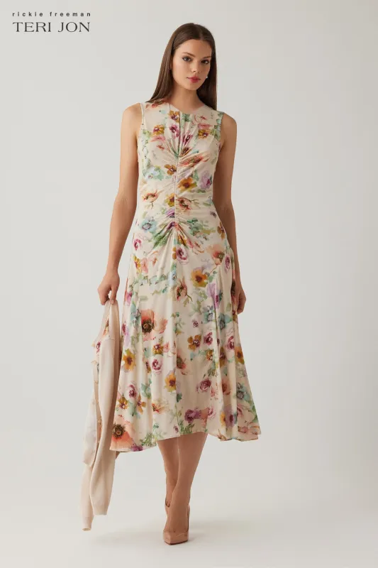 Chiffon Print Sleeveless Ruched Front Dress made by Teri Jon