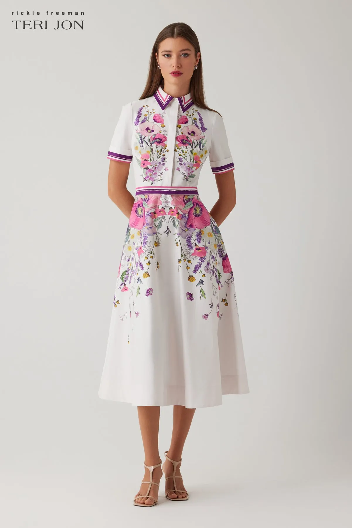 Cotton Shirtwaist Floral Print Stripe Trim Dress sold by Teri Jon product image thumbnail 2