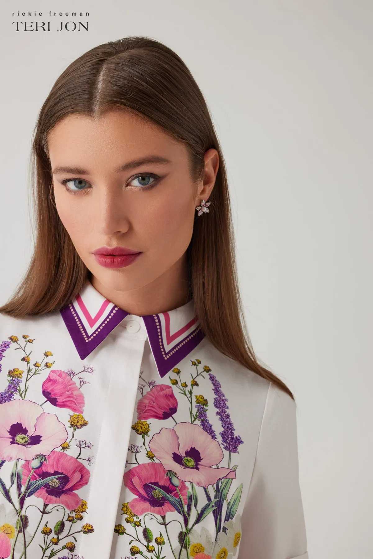 Cotton Shirtwaist Floral Print Stripe Trim Dress sold by Teri Jon product image thumbnail 3