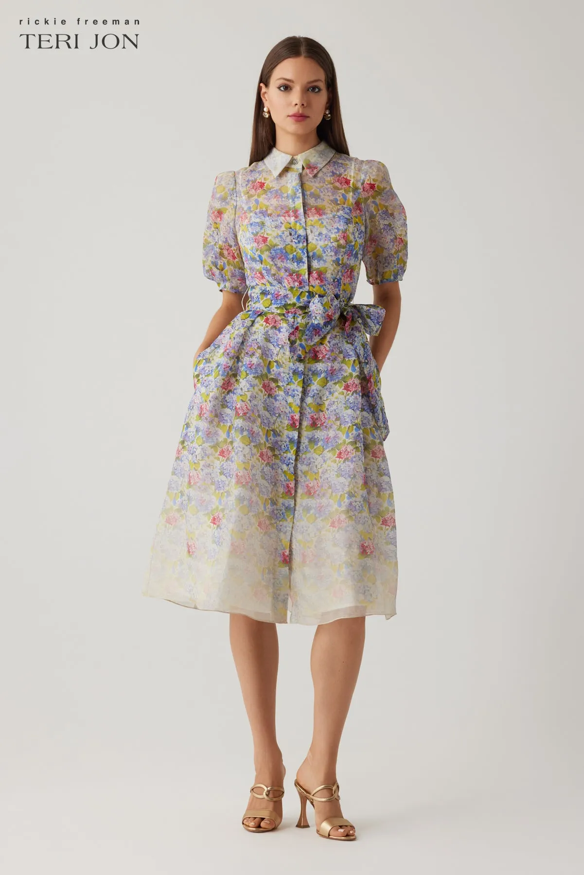 Silk Linen Print Puff Sleeve Shirtwaist Dress sold by Teri Jon product image thumbnail 2