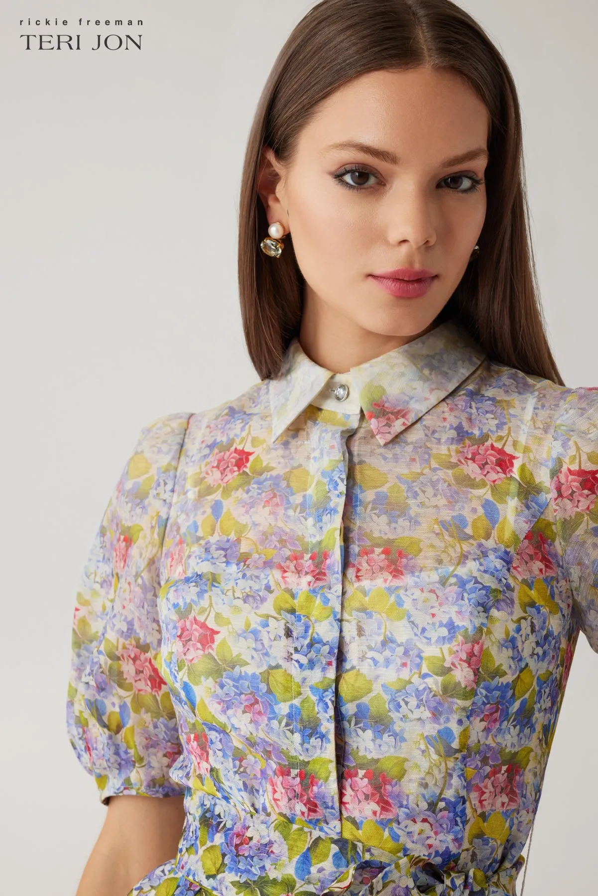 Silk Linen Print Puff Sleeve Shirtwaist Dress sold by Teri Jon product image thumbnail 3