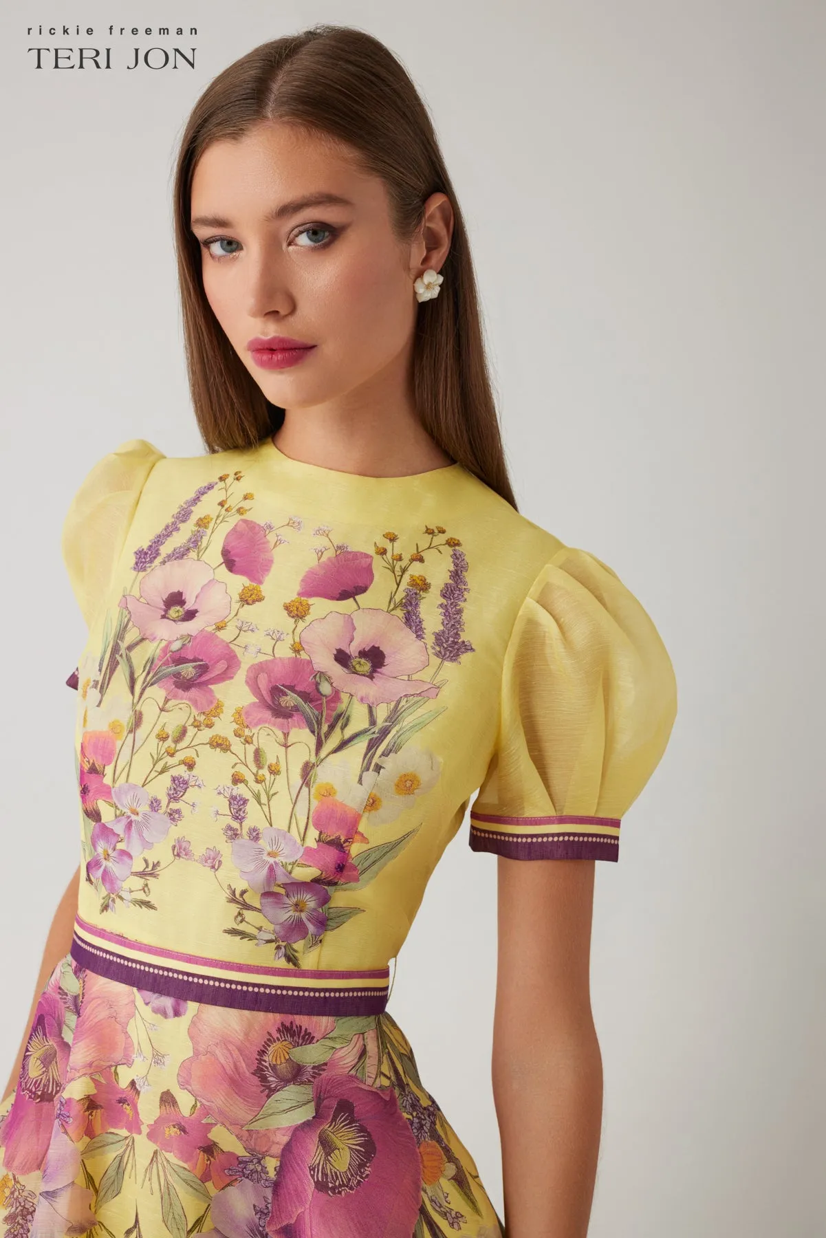 Silk Linen Short Sleeve Placed Floral Print Dress sold by Teri Jon product image thumbnail 3