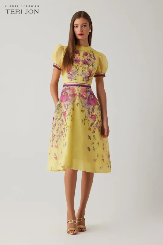 Silk Linen Short Sleeve Placed Floral Print Dress sold by Teri Jon