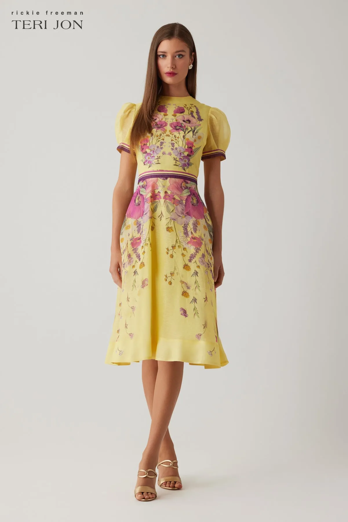 Silk Linen Short Sleeve Placed Floral Print Dress sold by Teri Jon product image thumbnail 2