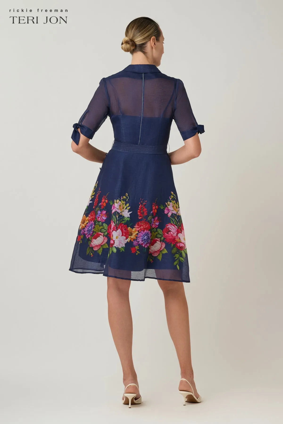 Silken Linen Shirtwaist Short Sleeve Floral Border Dress sold by Teri Jon product image thumbnail 5