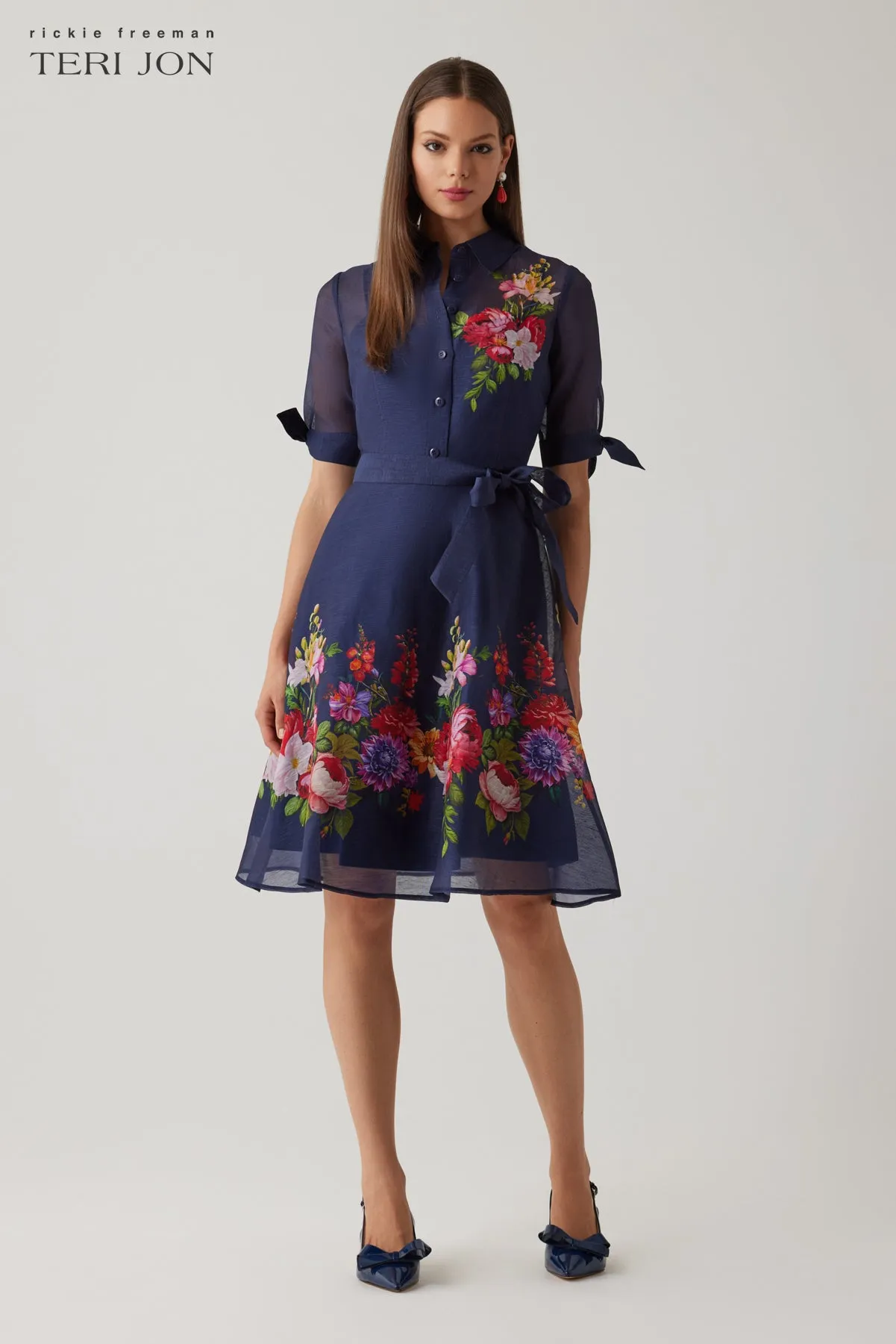 Silken Linen Shirtwaist Short Sleeve Floral Border Dress sold by Teri Jon product image thumbnail 2