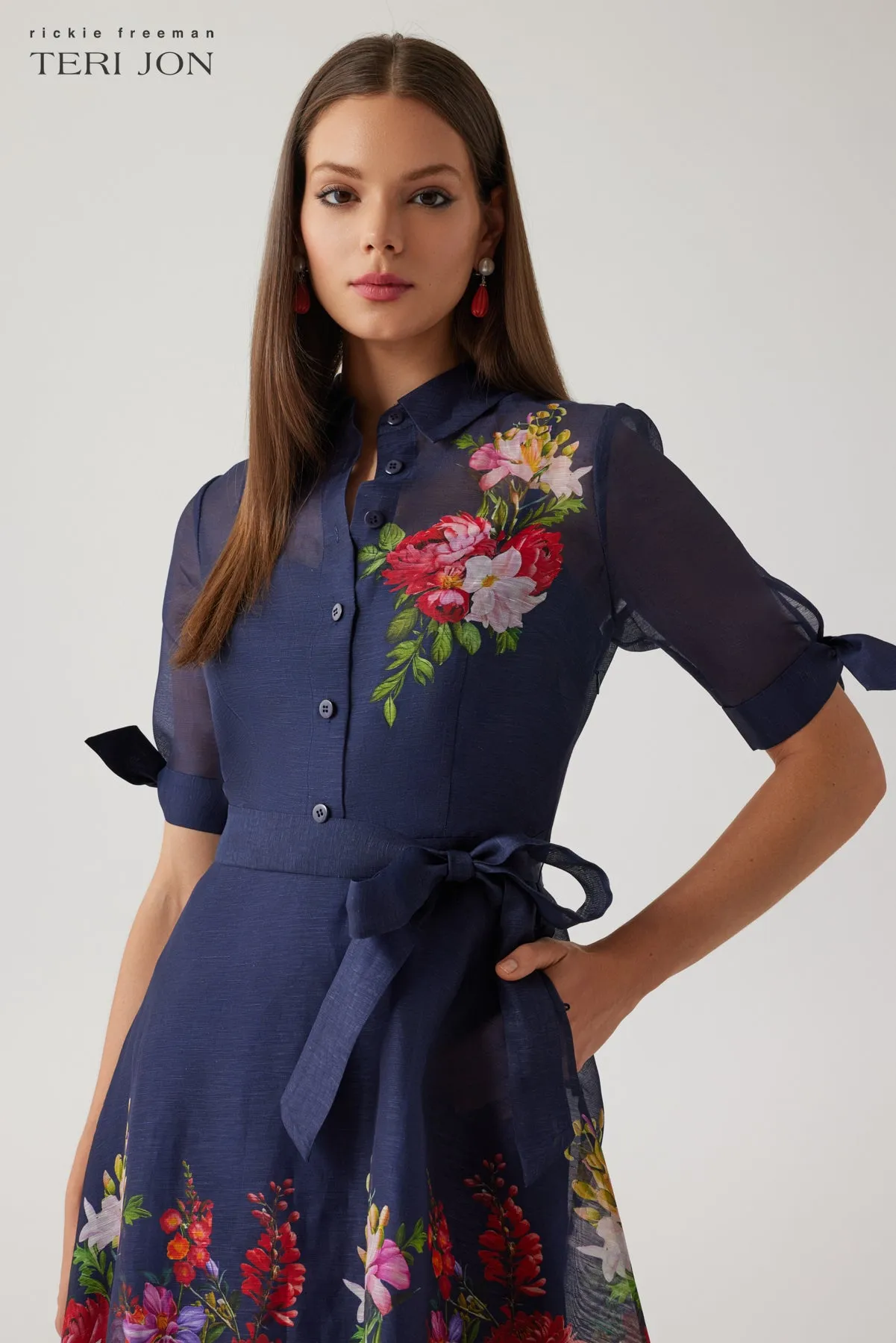 Silken Linen Shirtwaist Short Sleeve Floral Border Dress sold by Teri Jon product image thumbnail 3