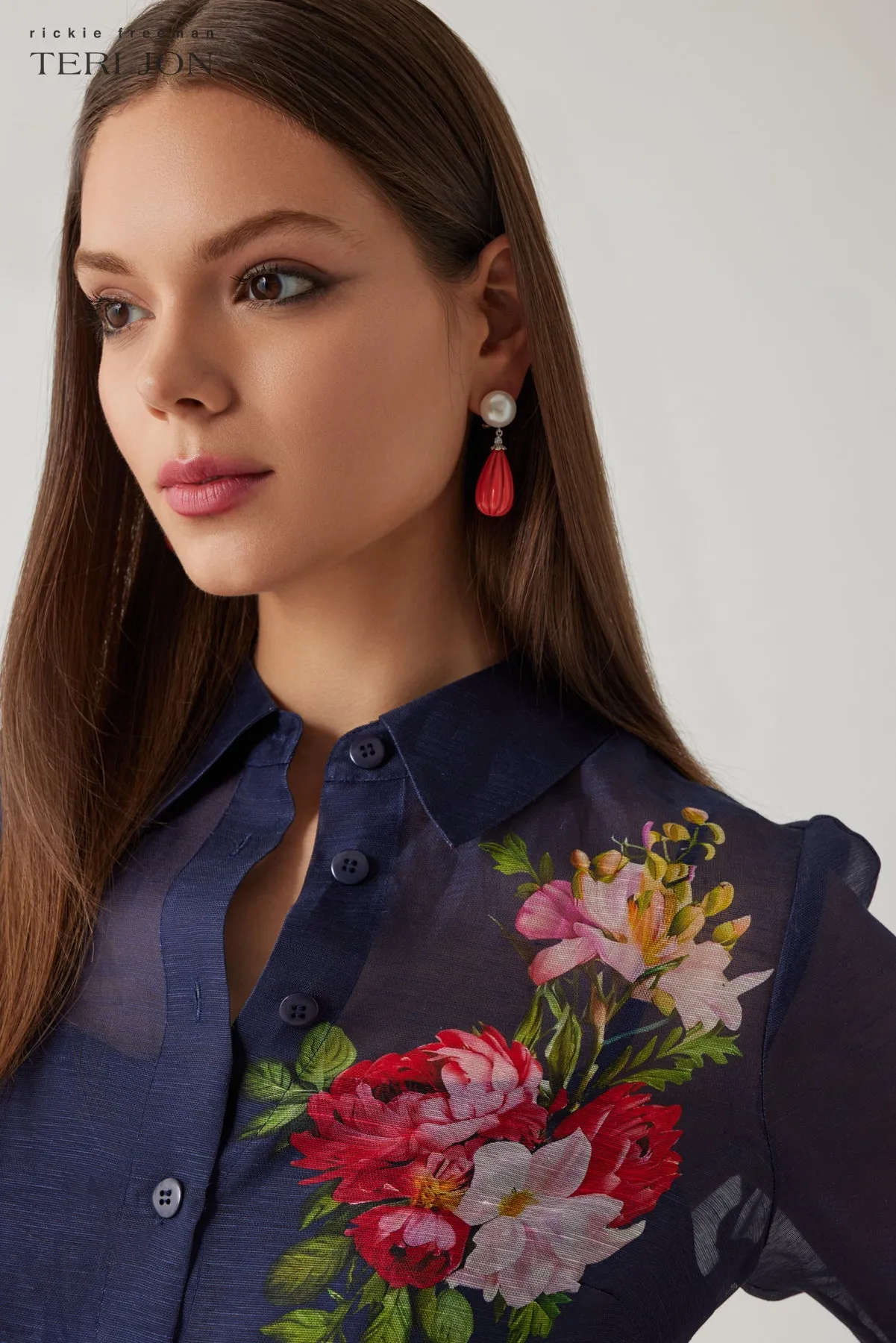 Silken Linen Shirtwaist Short Sleeve Floral Border Dress sold by Teri Jon product image thumbnail 4