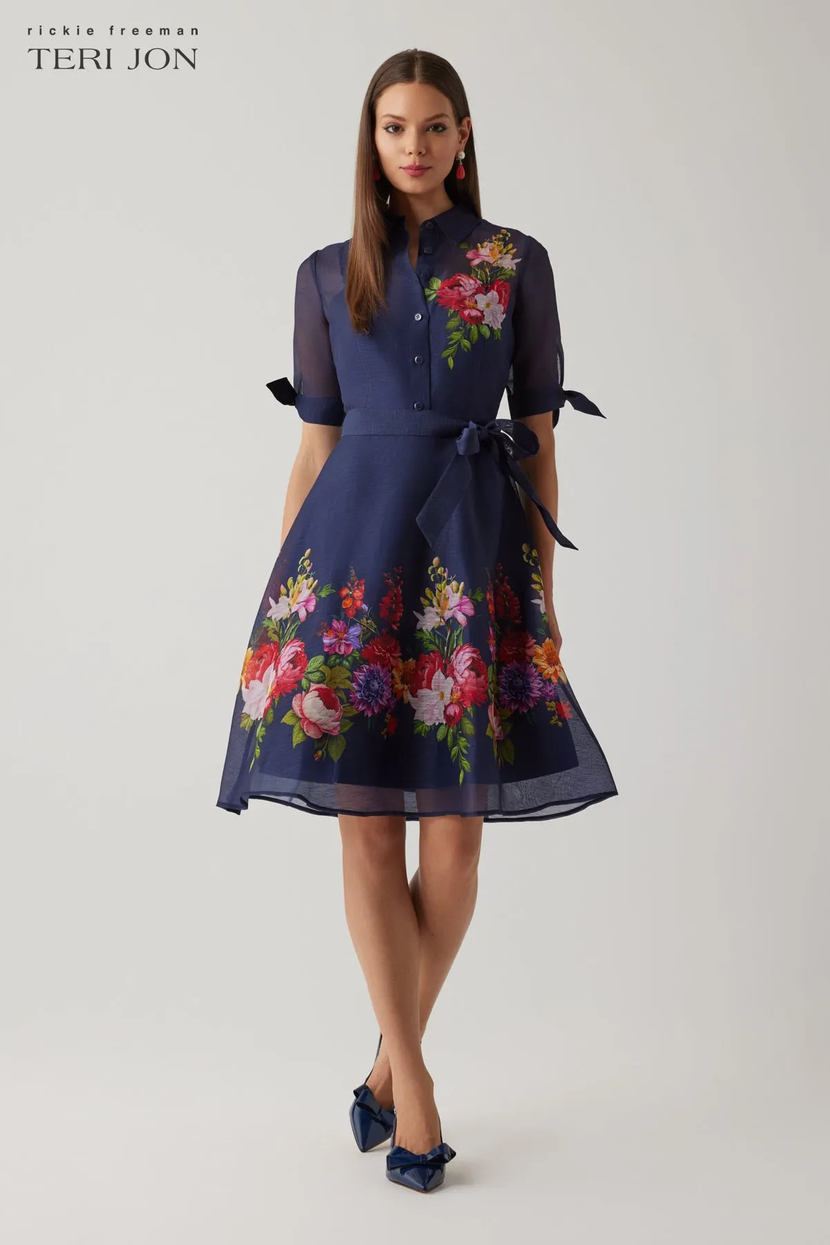 Silken Linen Shirtwaist Short Sleeve Floral Border Dress sold by Teri Jon