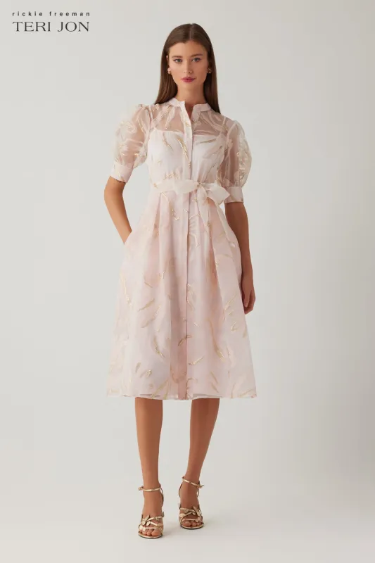 Metallic Organza Mandarin Collar Puff Sleeve Dress sold by Teri Jon