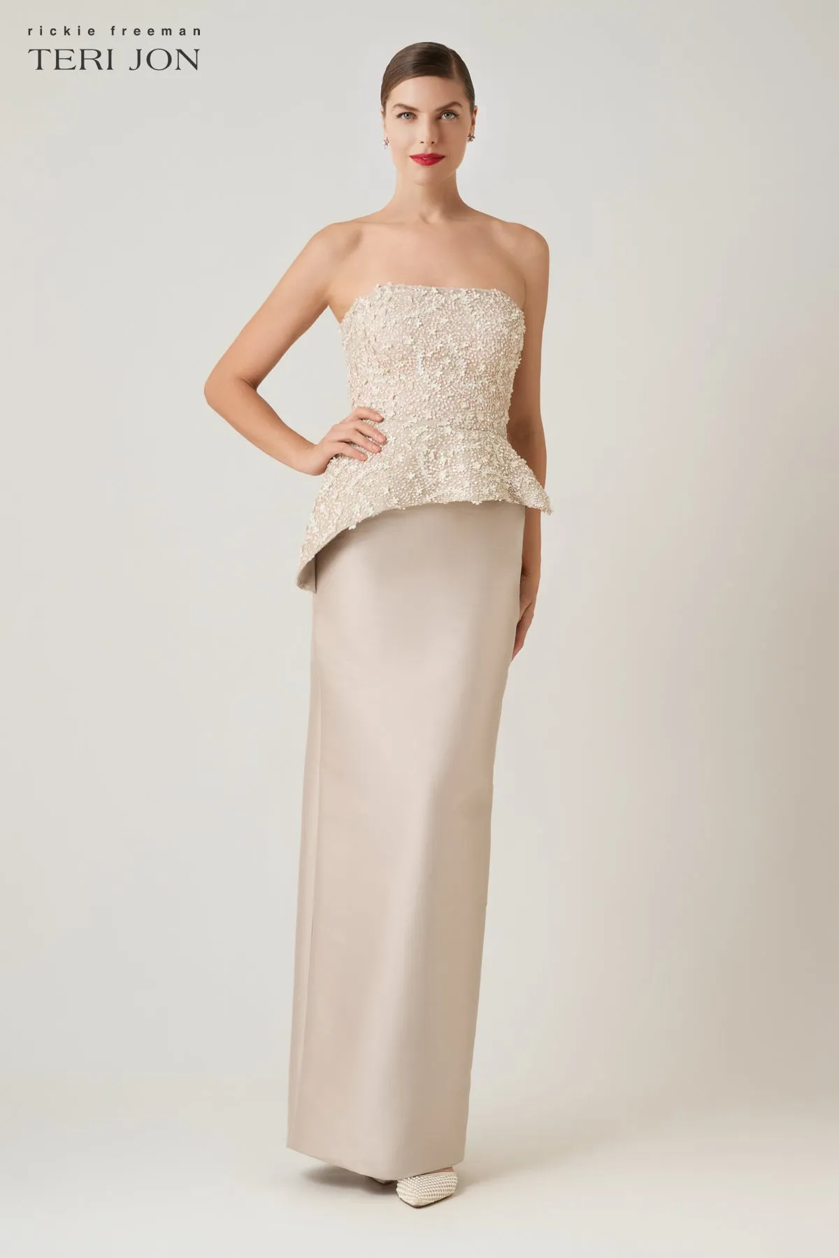 Beaded Strapless With Peplum Mikado Column Skirt Gown sold by Teri Jon