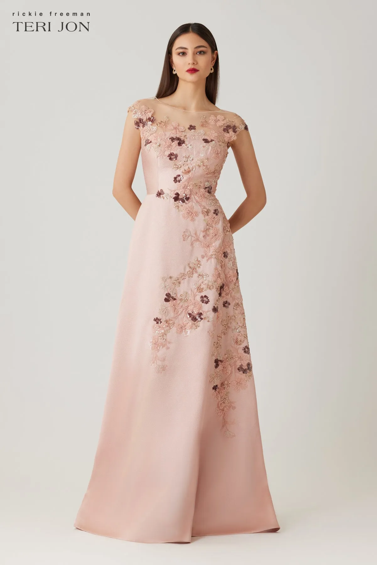 Metallic Jacquard Mesh Yoke Bead Lace Applique A Line Gown sold by Teri Jon