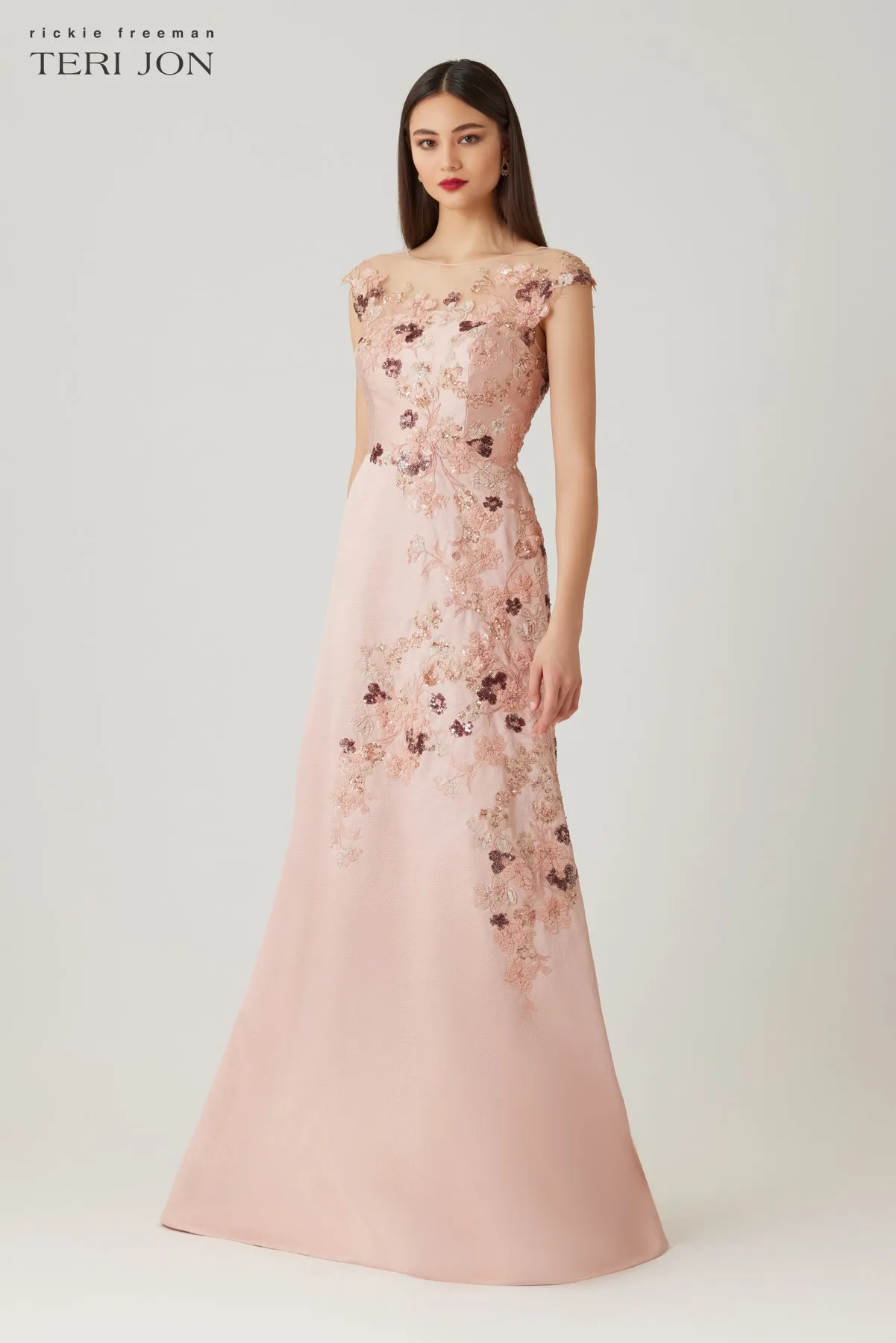 Metallic Jacquard Mesh Yoke Bead Lace Applique A Line Gown sold by Teri Jon product image thumbnail 2