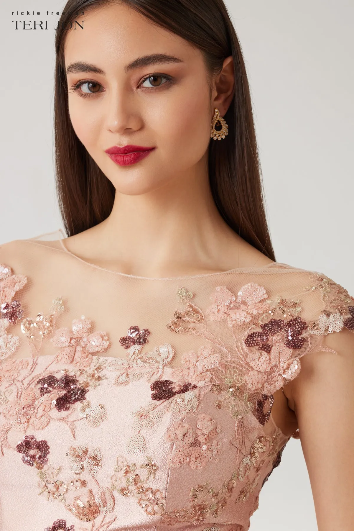 Metallic Jacquard Mesh Yoke Bead Lace Applique A Line Gown sold by Teri Jon product image thumbnail 3