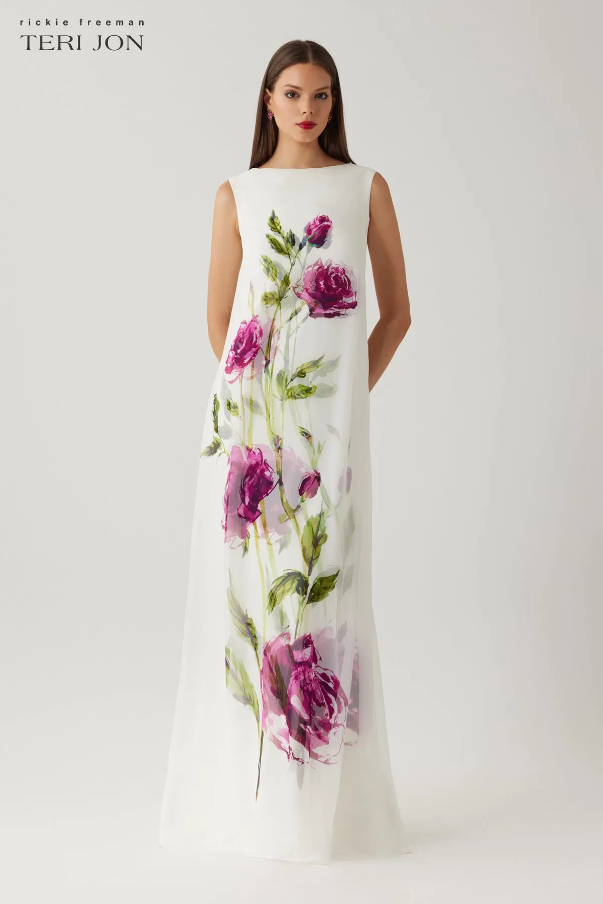 Digital Flower Print Crepe With Chiffon Overlay Gown sold by Teri Jon