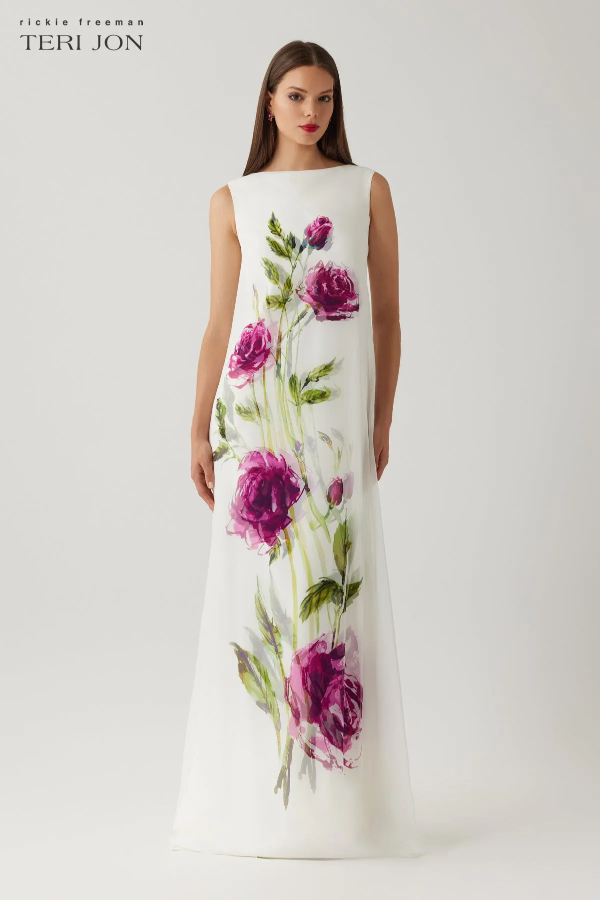 Digital Flower Print Crepe With Chiffon Overlay Gown sold by Teri Jon product image thumbnail 2