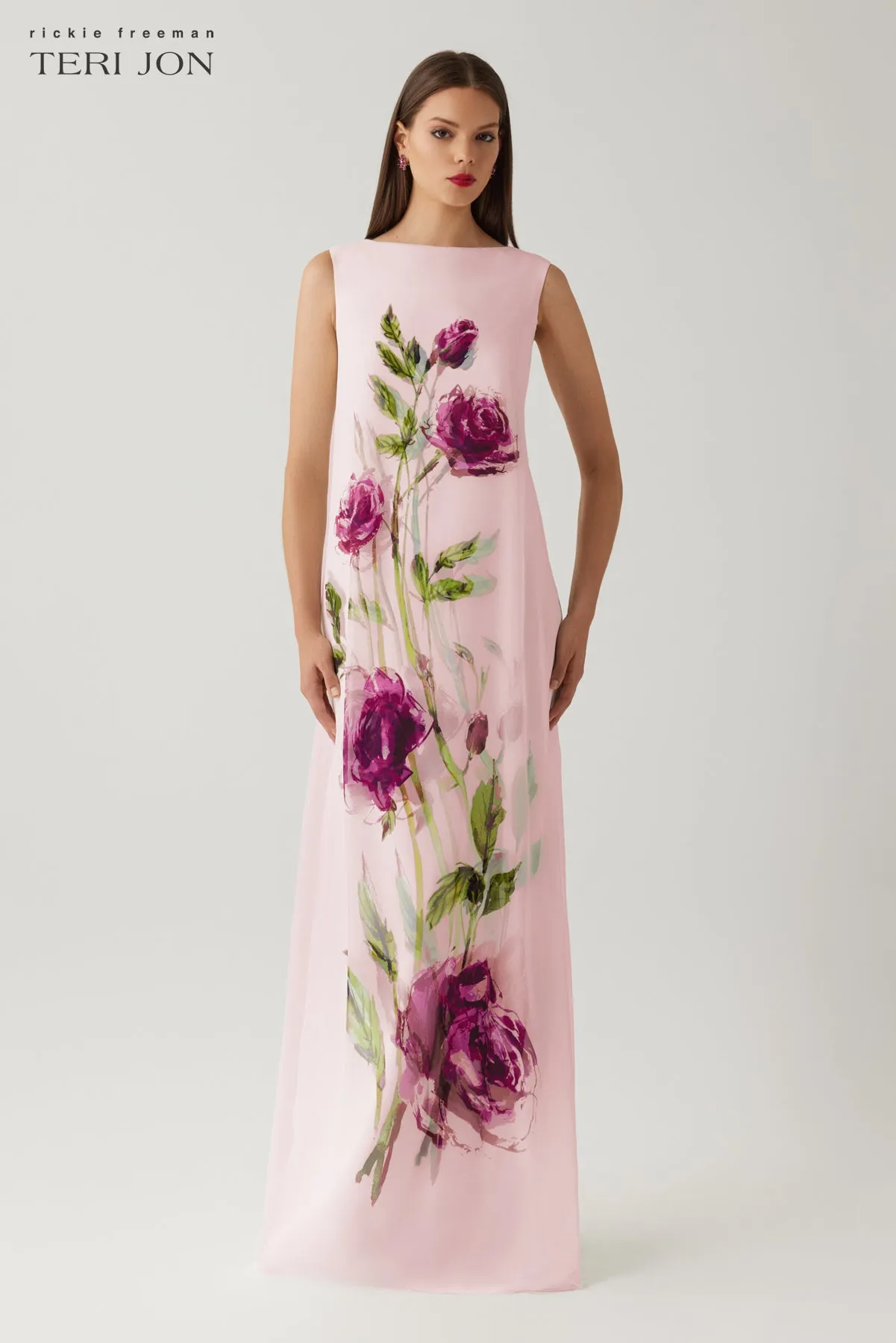 Digital Flower Print Crepe With Chiffon Overlay Gown sold by Teri Jon product image thumbnail 4