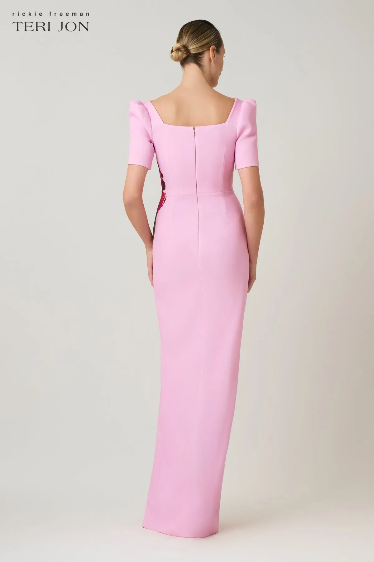 Crepe Digital Flower Print Short Sleeve Column Gown sold by Teri Jon product image thumbnail 4