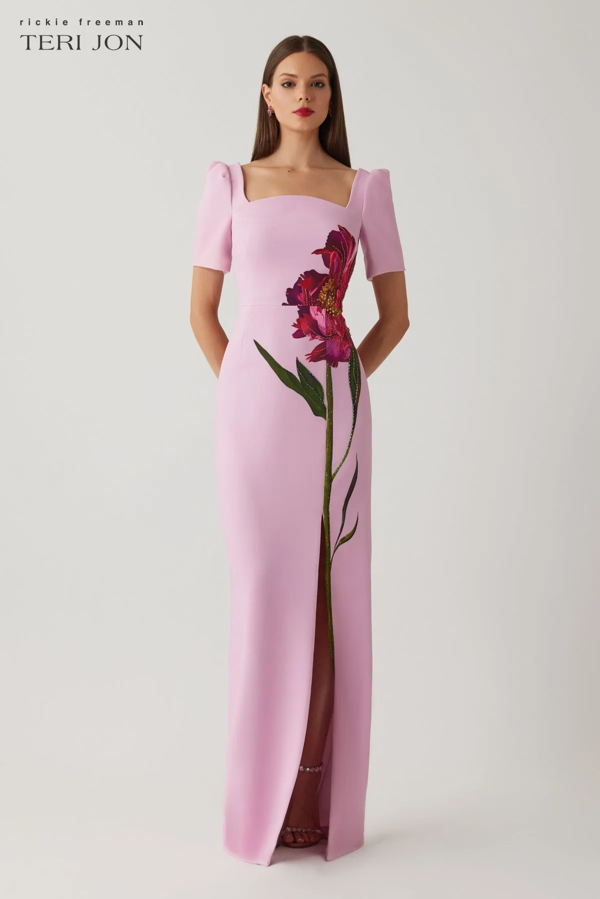 Crepe Digital Flower Print Short Sleeve Column Gown sold by Teri Jon product image thumbnail 2