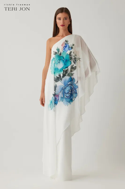 One Shoulder Chiffon Floral Print Overlay Crepe Column Gown sold by Teri Jon