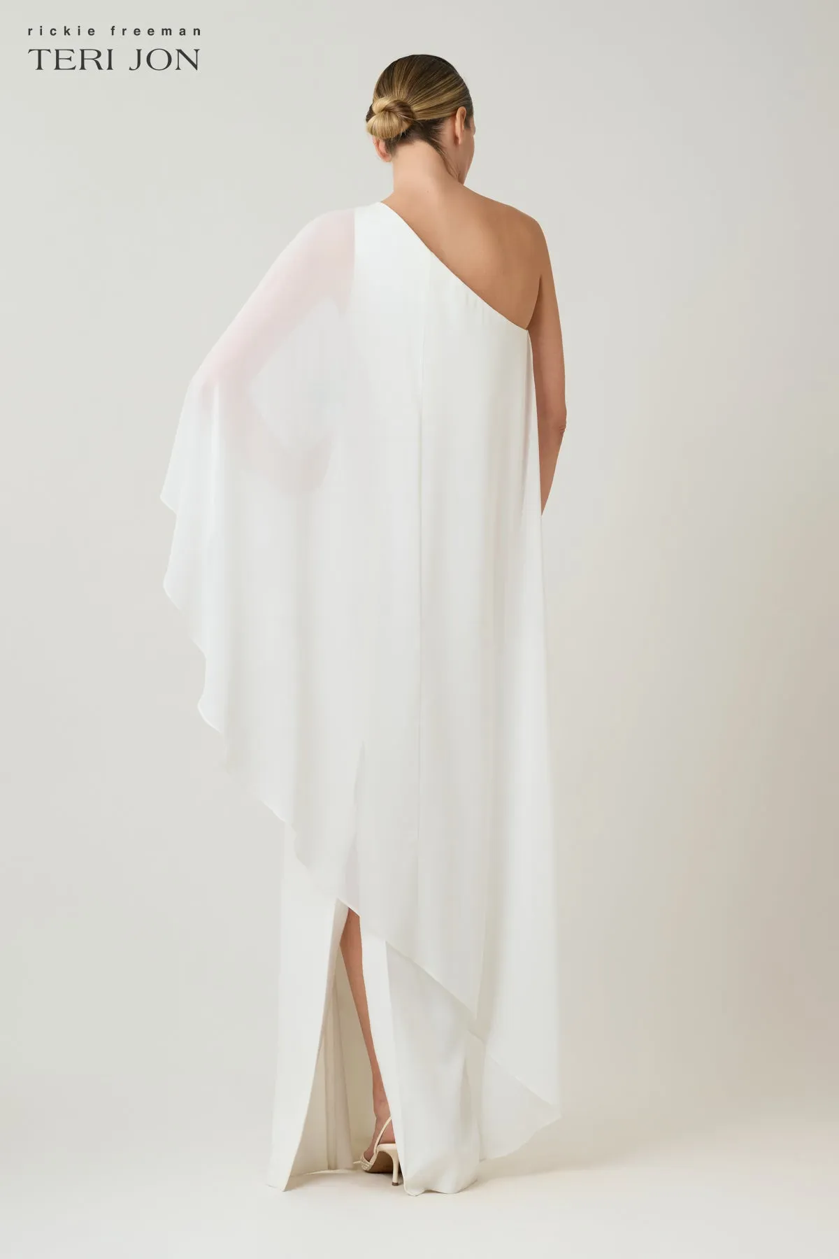 One Shoulder Chiffon Floral Print Overlay Crepe Column Gown sold by Teri Jon product image thumbnail 3