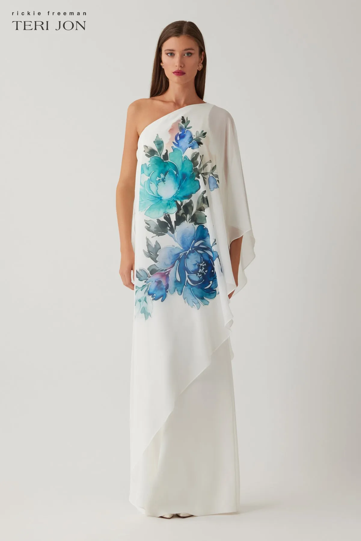 One Shoulder Chiffon Floral Print Overlay Crepe Column Gown sold by Teri Jon product image thumbnail 2