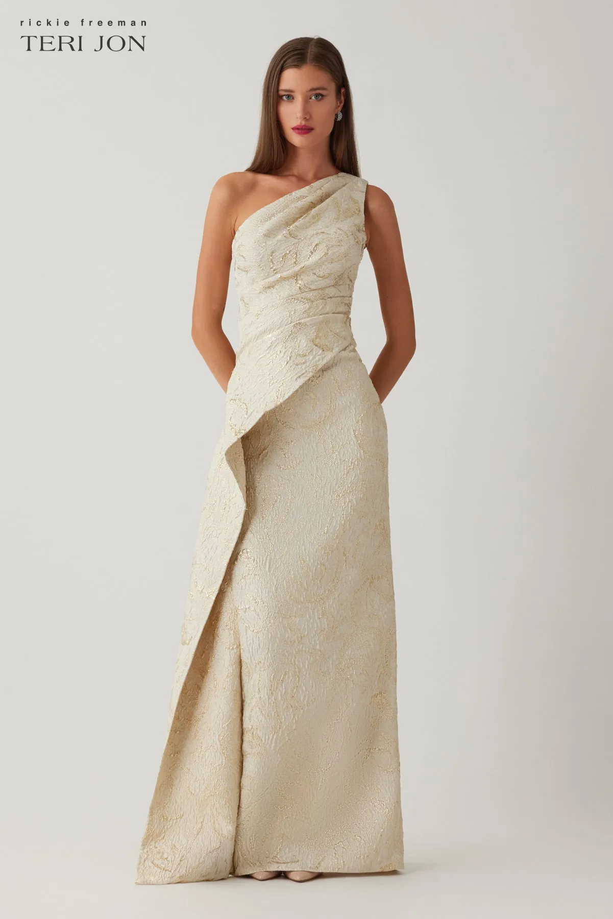 Metallic Jacquard One Shoulder Side Drape Asymmetrical Peplum Gown sold by Teri Jon product image thumbnail 2