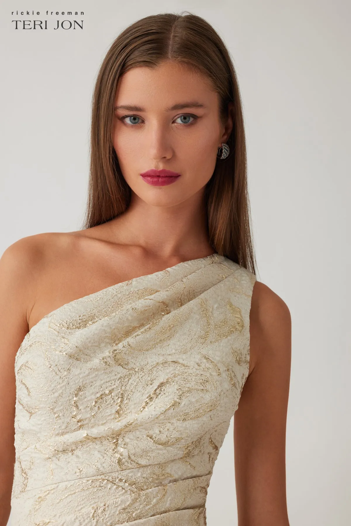 Metallic Jacquard One Shoulder Side Drape Asymmetrical Peplum Gown sold by Teri Jon product image thumbnail 3