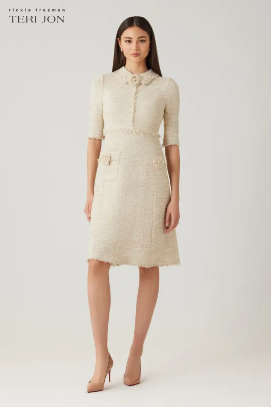 Metallic Tweed Shirt Collar Frayed Trim Dress sold by Teri Jon