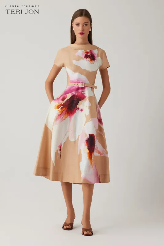Cotton Floral Roll Neck Cap Sleeve Full Skirt Dress sold by Teri Jon