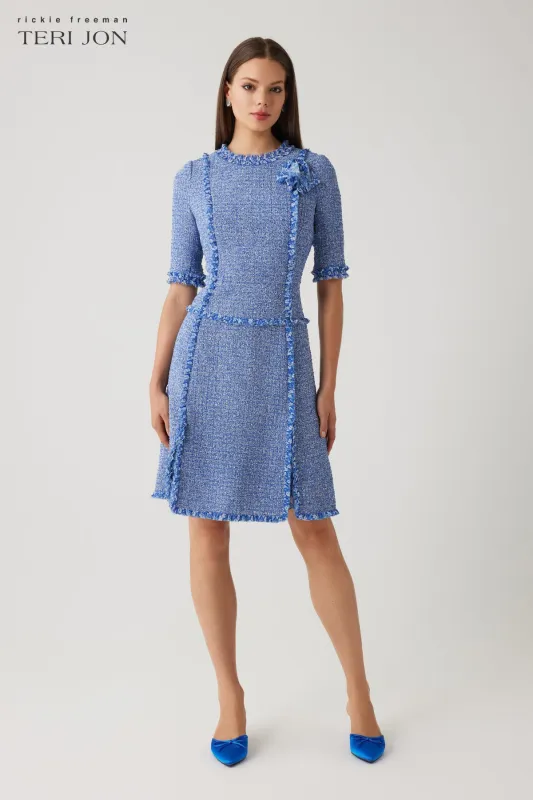 Textured Tweed Short Sleeve Ruffle Trim Dress sold by Teri Jon