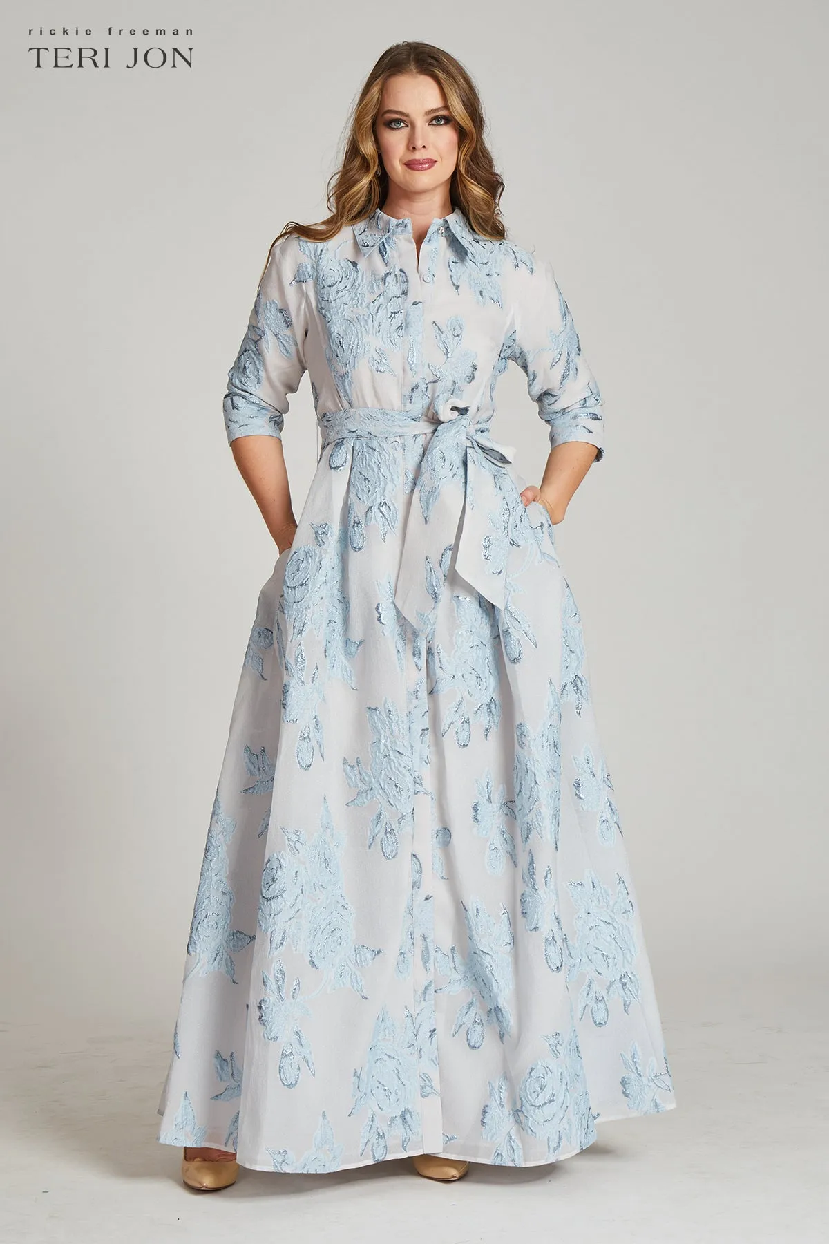 Metallic Jacquard Shirtdress Gown with Floral Print sold by Teri Jon product image thumbnail 4