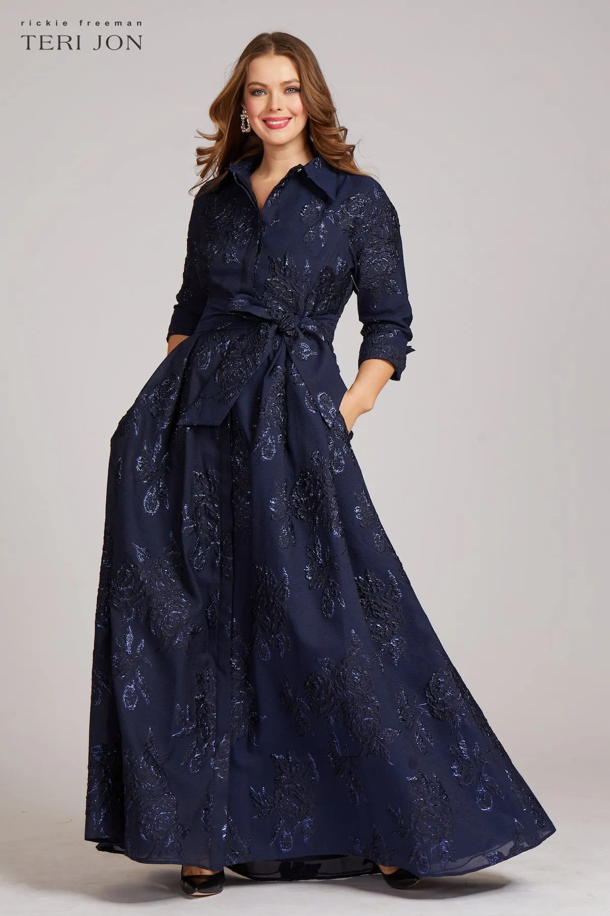 Metallic Jacquard Shirtdress Gown with Floral Print sold by Teri Jon product image thumbnail 2