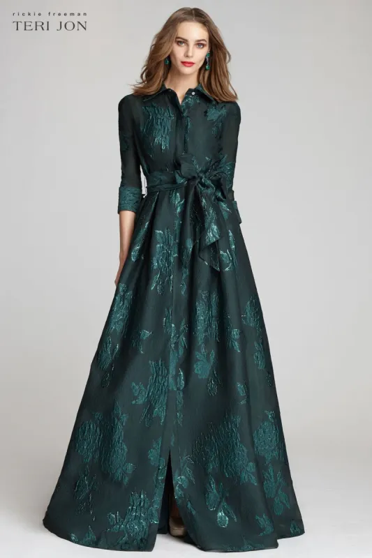 Metallic Jacquard Shirtdress Gown with Floral Print sold by Teri Jon