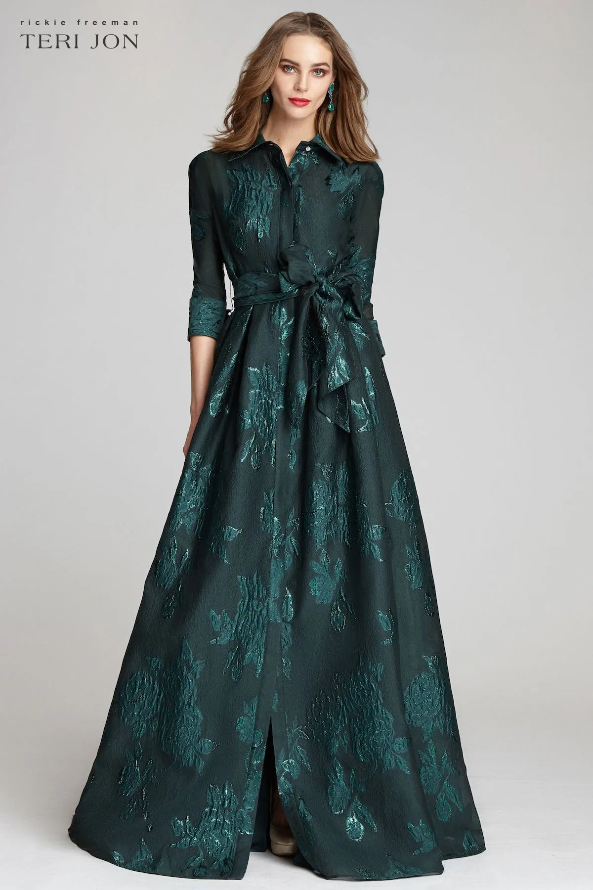 Metallic Jacquard Shirtdress Gown with Floral Print sold by Teri Jon