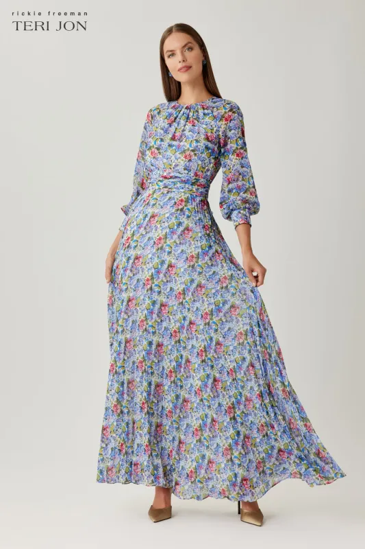 Chiffon Print Long Sleeve Pleated Gown sold by Teri Jon