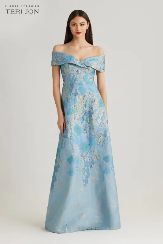 Jacquard Metallic Off The Shoulder A Line Gown sold by Teri Jon