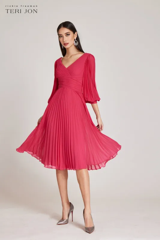 Chiffon V Neck Pleated Full Sleeve Dress sold by Teri Jon