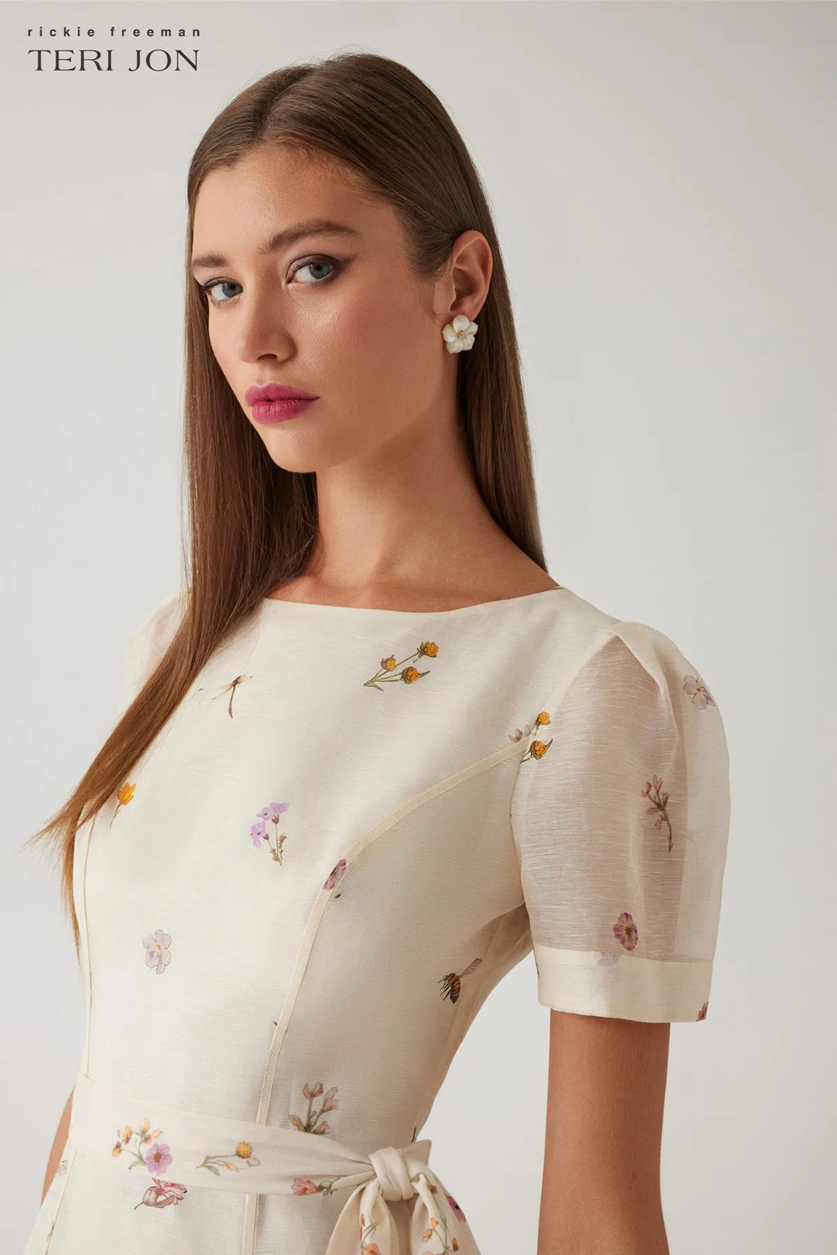 Silk Linen Short Sleeve Drop Waist Border Print Dress sold by Teri Jon product image thumbnail 3