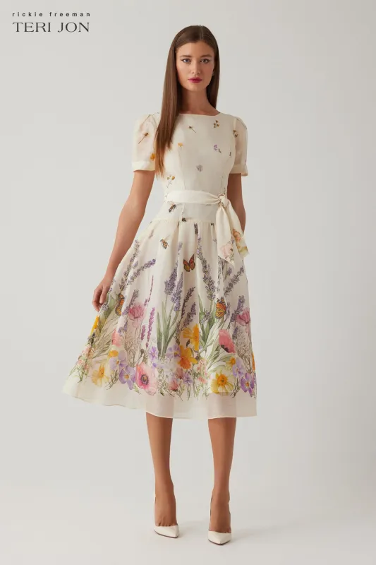 Silk Linen Short Sleeve Drop Waist Border Print Dress made by Teri Jon