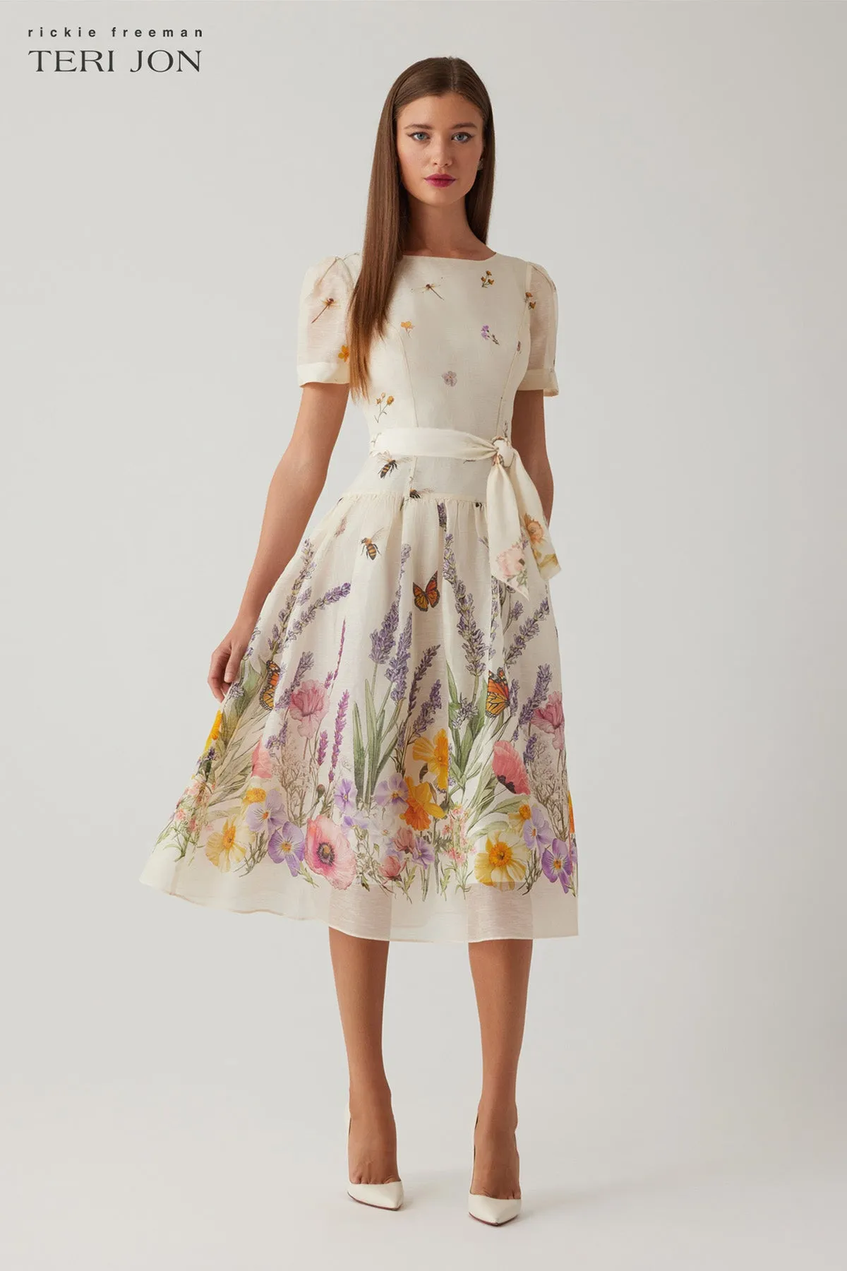 Silk Linen Short Sleeve Drop Waist Border Print Dress sold by Teri Jon