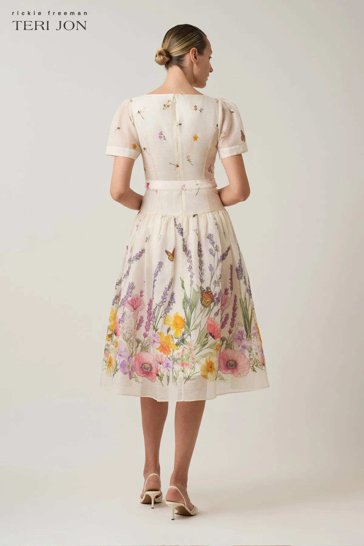 Silk Linen Short Sleeve Drop Waist Border Print Dress sold by Teri Jon product image thumbnail 4