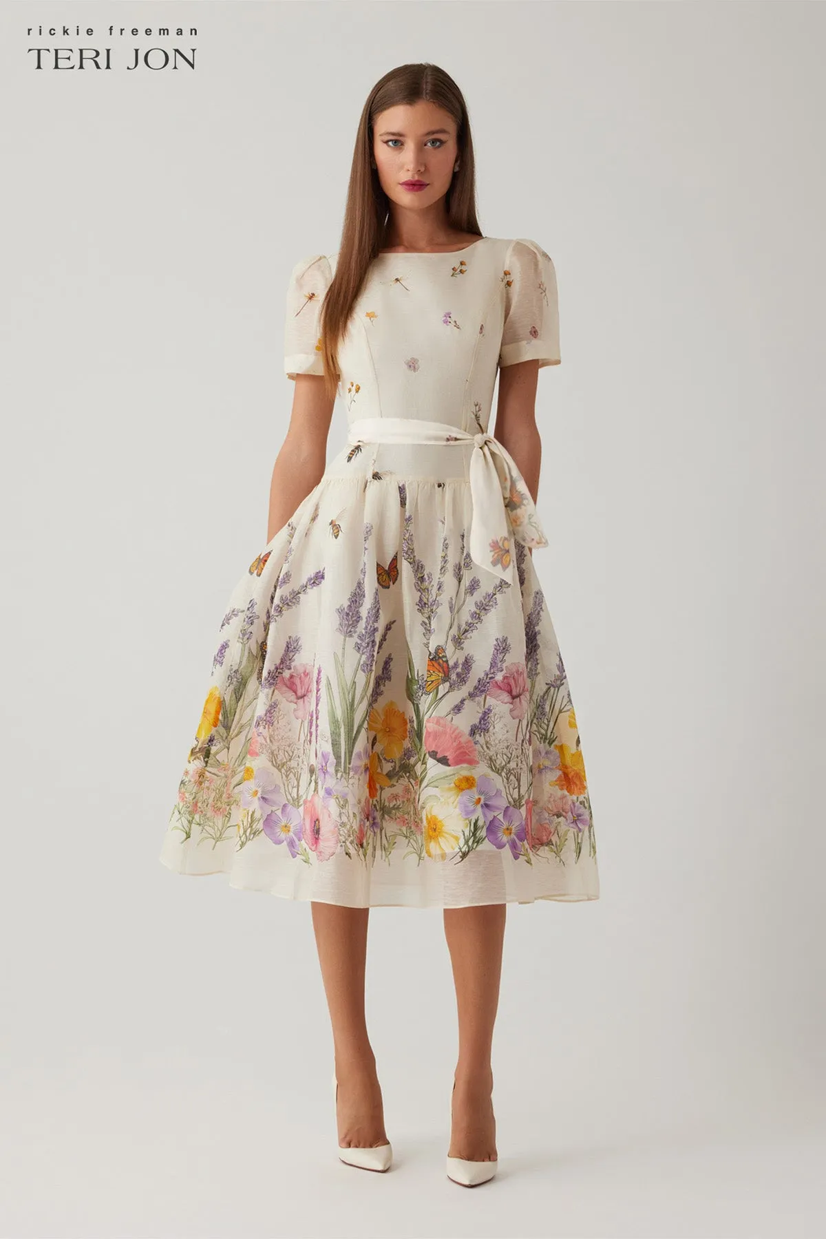 Silk Linen Short Sleeve Drop Waist Border Print Dress sold by Teri Jon product image thumbnail 2