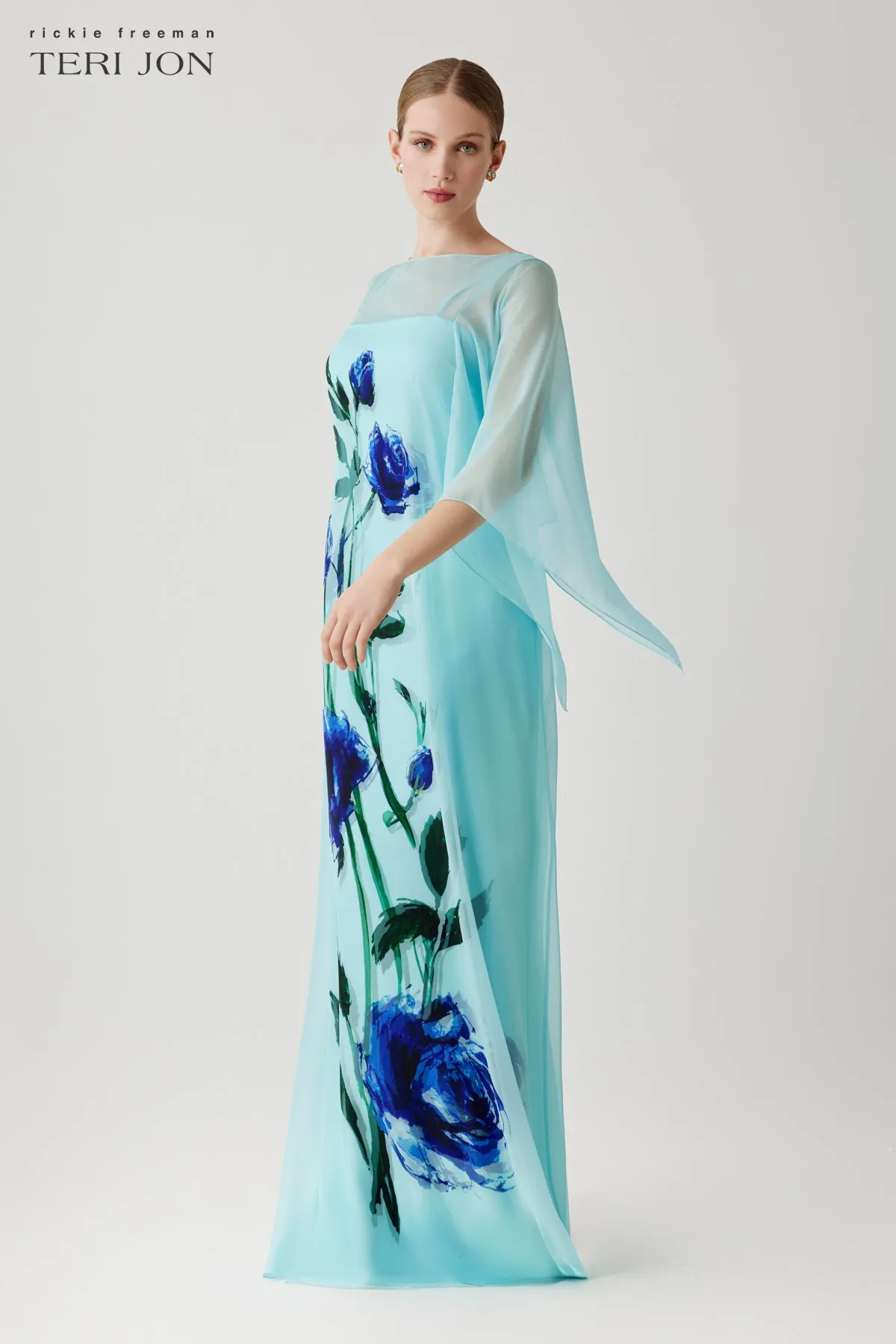 Chiffon Cape Sleeve Flower Print Gown sold by Teri Jon product image thumbnail 2