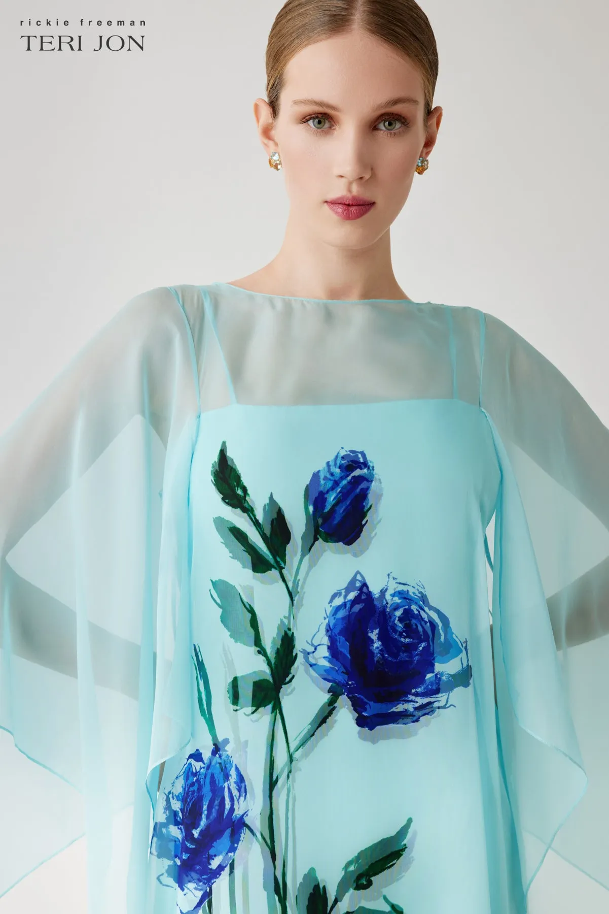 Chiffon Cape Sleeve Flower Print Gown sold by Teri Jon product image thumbnail 3