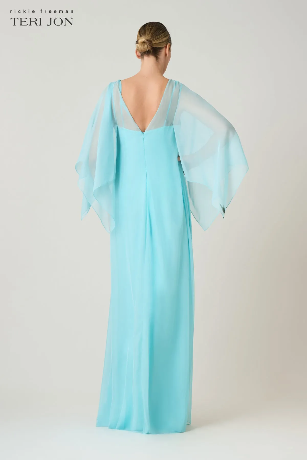 Chiffon Cape Sleeve Flower Print Gown sold by Teri Jon product image thumbnail 4