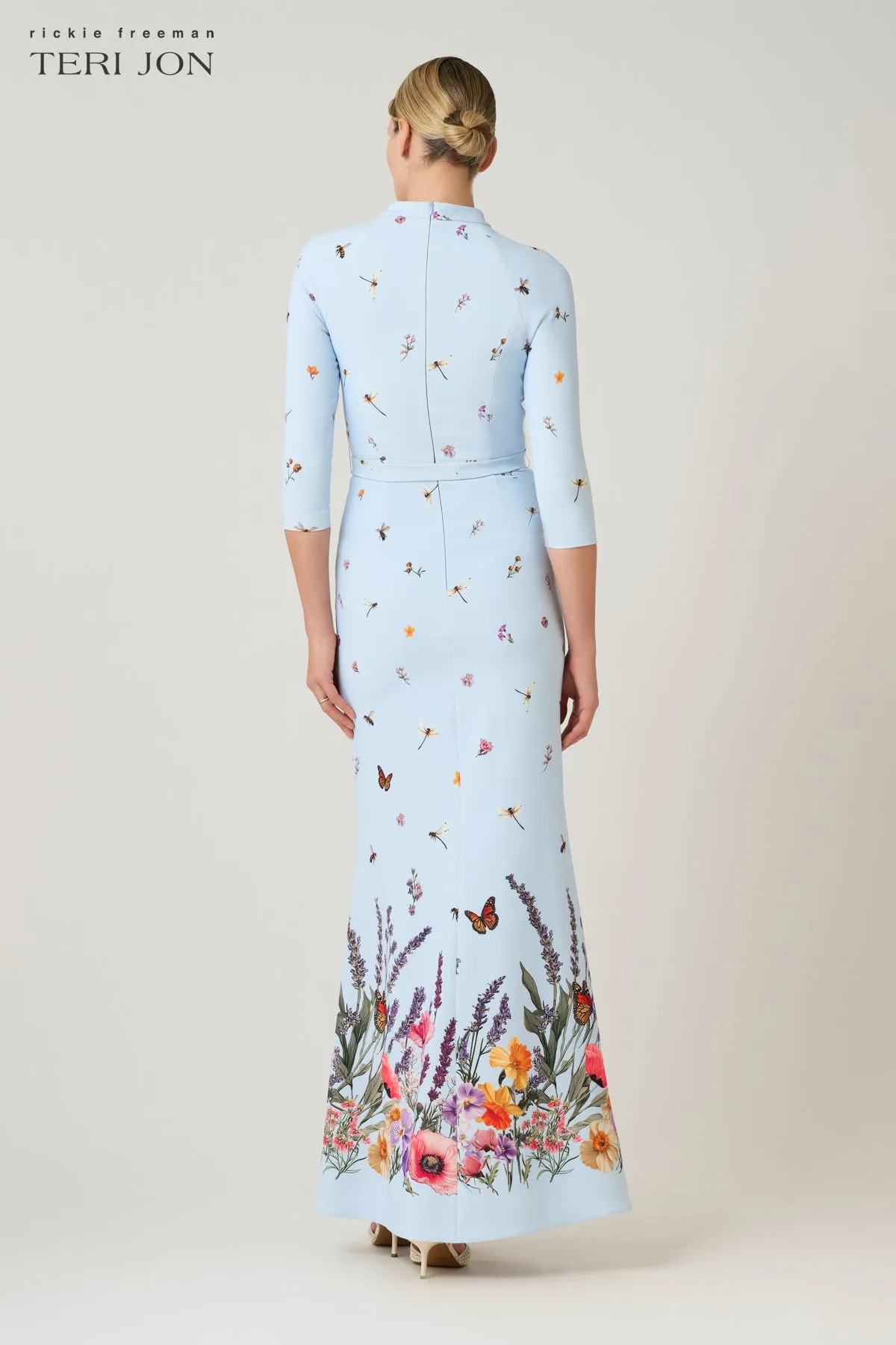 Crepe Border Print Mock Neck 3/4 Sleeve Gown sold by Teri Jon product image thumbnail 3