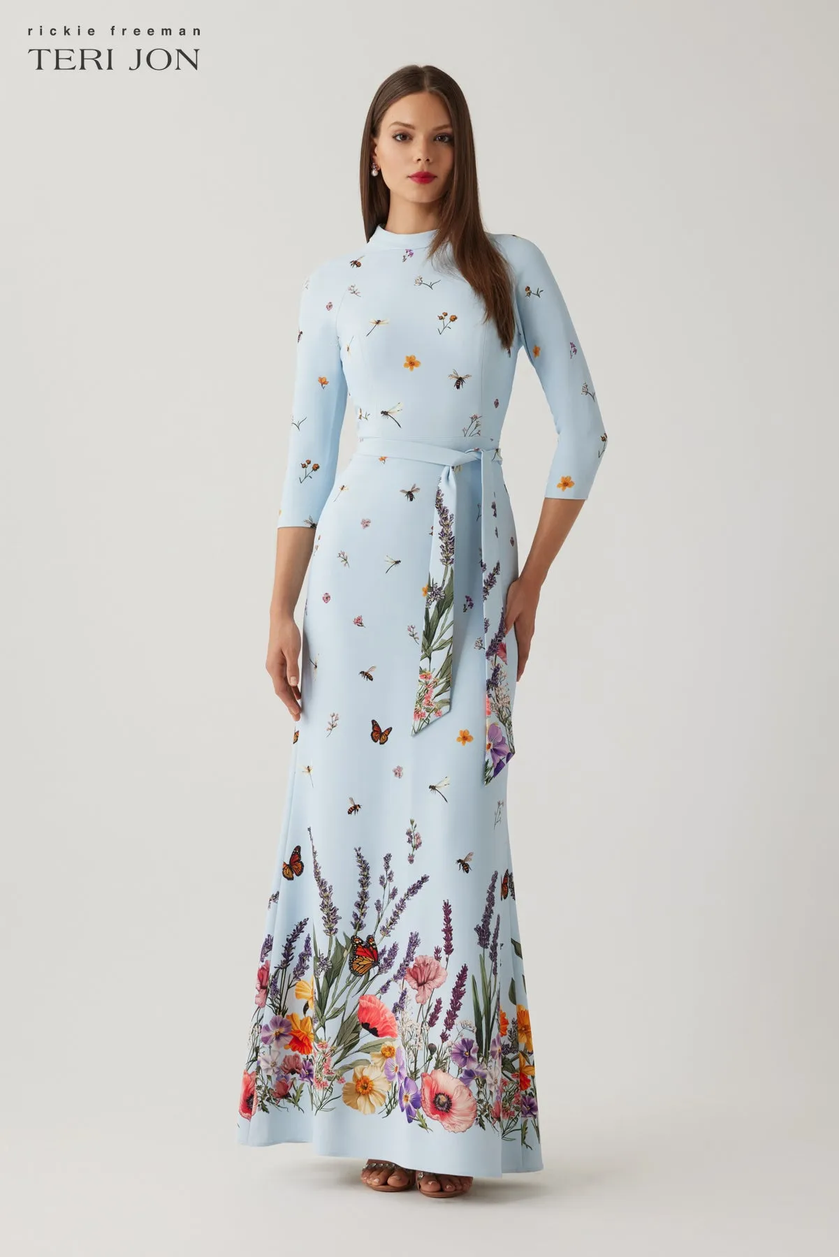 Crepe Border Print Mock Neck 3/4 Sleeve Gown sold by Teri Jon