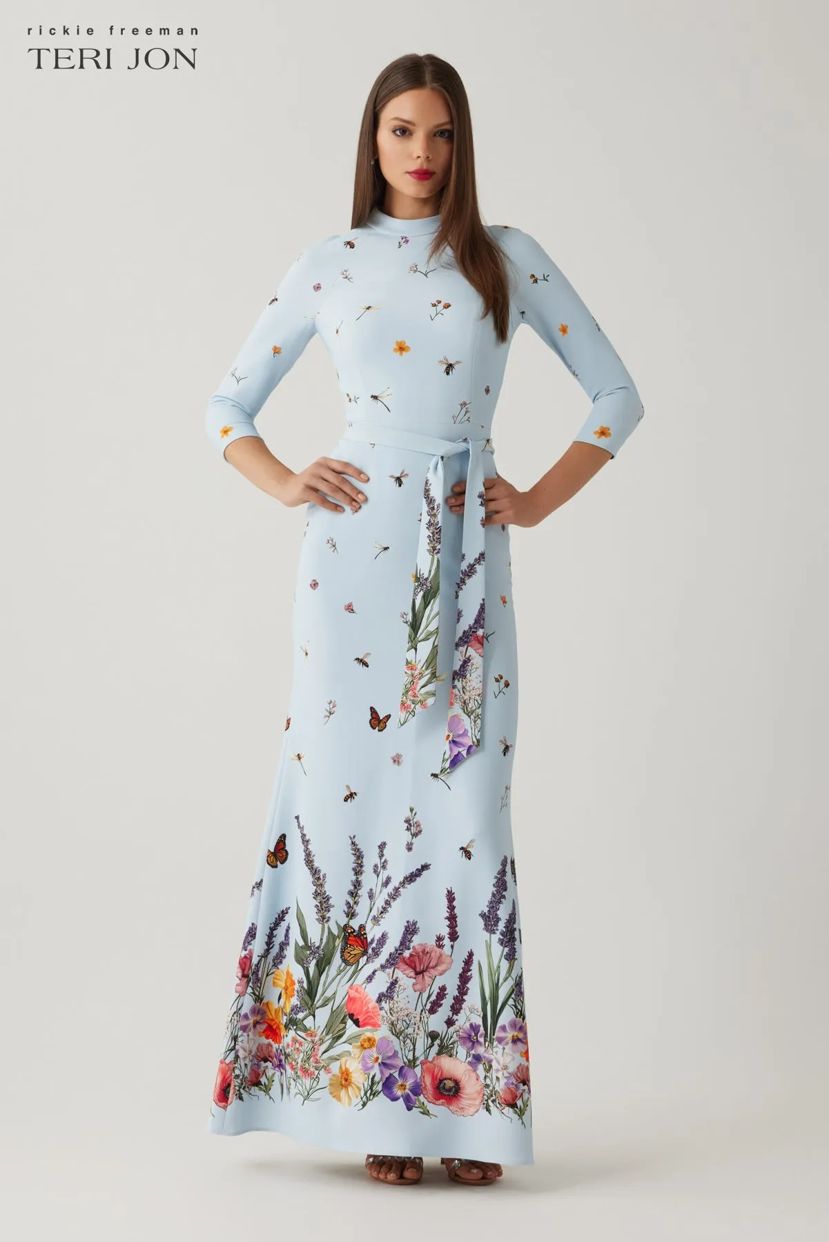Crepe Border Print Mock Neck 3/4 Sleeve Gown sold by Teri Jon product image thumbnail 2