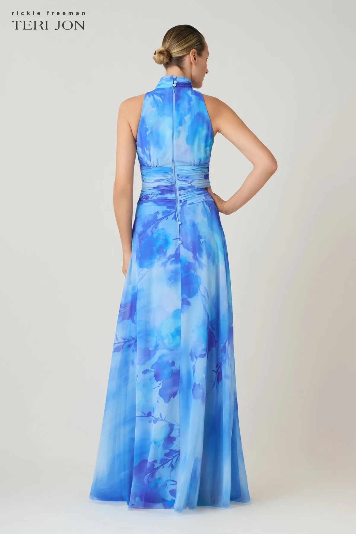 Chiffon Cloud Print Mock Neck Halter Drop Waist Gown sold by Teri Jon product image thumbnail 3